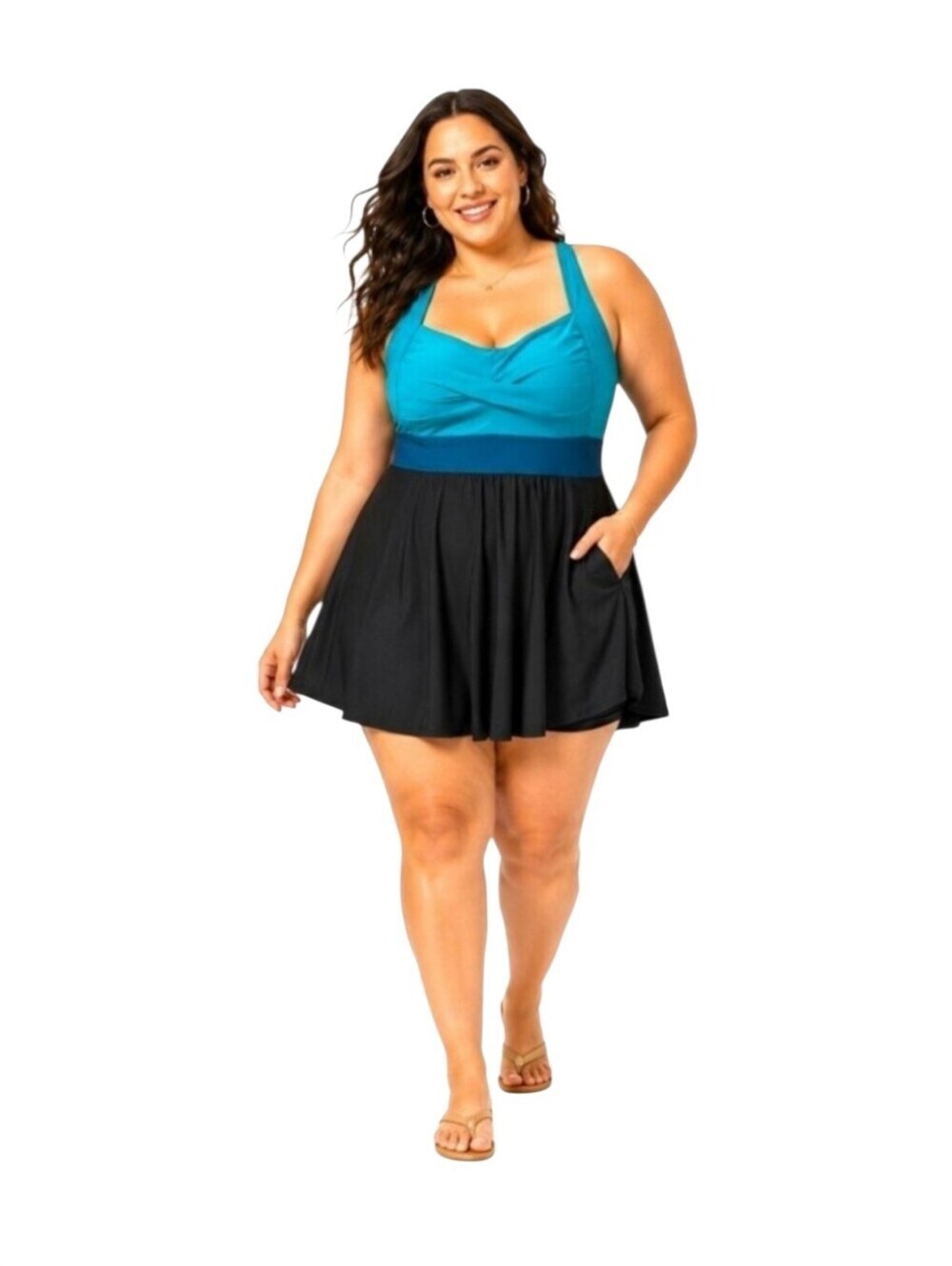 BloomChic 18/20 Aqua Black Swim Dress Skort Pockets Built-In Shorts NWT